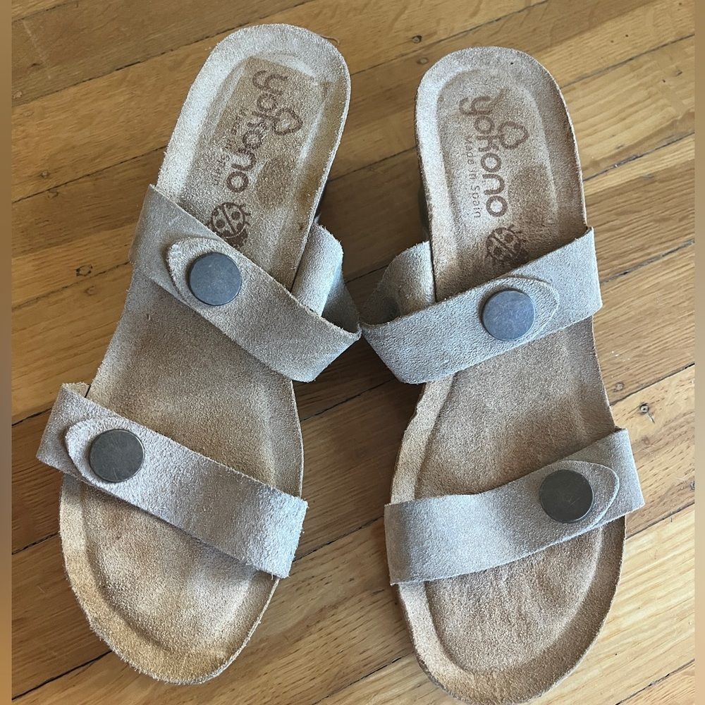 Yokono minimalist cork wedge heels sandals Coachella suede beige leather sock 8